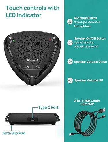 ميكروفون مؤتمر CMTECK USB، مكبر صوت للكمبيوتر المكتبي مع وظيفة كتم الصوت للبث، التقاط صوت متعدد الاتجاهات 360 درجة، مؤشر LED، مكالمات VoIP، سكايب، المقابلات، الدردشة (رمادي) in Kuwait