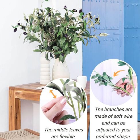 6 قطع من أغصان الزيتون الاصطناعية للمزهريات - شجرة زيتون صناعية مقاس 17.8 بوصة، نبات صناعي واقعي، سيقان خضراء، نباتات حرير فواكه وهمية لديكور المنزل الخارجي in Kuwait