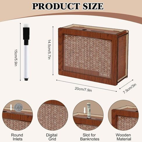 Wooden Money Box with Money Target and Numbers with Counter Crafts, Portable Money Saving Box, Cash Saver Box with Marker Pen, Storage Case Money Saving Box For 10000 Dollar in Kuwait