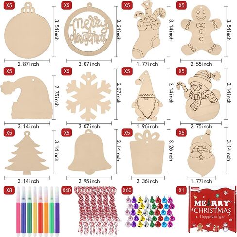 Virgooer 60pcs عيد الميلاد الحرف اليدوية للأطفال DIY الحلي عيد الميلاد الخشبية للحرف اليدوية شرائح خشبية غير مكتملة مع أجراس ، مجموعة خشبية للحرف مع 8 قلم ملون و 60 أجراس Jingle in Kuwait