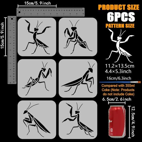FINGERINSPIRE 6Styles Praying Mantis Pattern Stencils with a Brush 5.9x5.9Inch Various Insects Drawing Stencils PET Animal Themes Template for Wood Wall Floor Tiles in Saudi Arabia