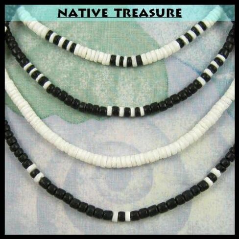 (4 Pack) Mens and Womens Summer Beach Surfer Necklaces From the Philippines, Black Coconut Beads with White Clam Heishe Ark Shells in Saudi Arabia