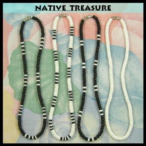 (4 Pack) Mens and Womens Summer Beach Surfer Necklaces From the Philippines, Black Coconut Beads with White Clam Heishe Ark Shells in Saudi Arabia