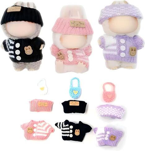 مجموعة ملابس لـ Labubu ، 9 قطع - 3 ملابس تم تعيينها لـ 15 سم و 17 سم لابوبو ، ملابس للدمى - سترة + قبعة + حقيبة ، ملابس دمية متميزة بألوان متعددة (وردي ، أسود ، أرجواني) in Kuwait