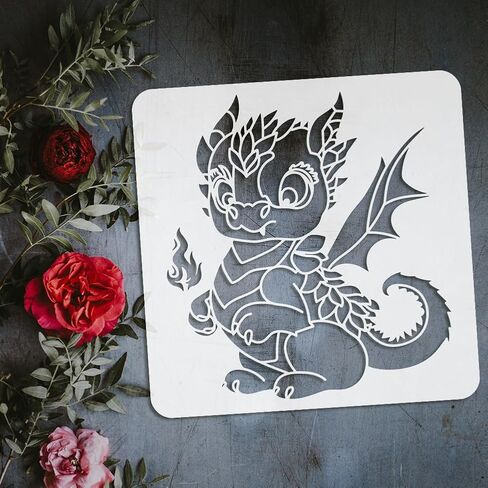 FINGERINSPIRE Cute Little Fire Dragon Painting Stencil 11.8x11.8 inch Reusable Cute Dragon Pattern Drawing Template DIY Baby Dragon Decoration Stencil for Painting on Wood Wall Fabric Paper Furniture in Saudi Arabia