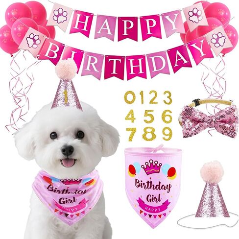 Dog Birthday Hat Bandana Set, Puppy Birthday Decorations with Flags, Bow Tie and Balloons Party Supplies for Small Medium Large Dogs Pets, Pink in Kuwait
