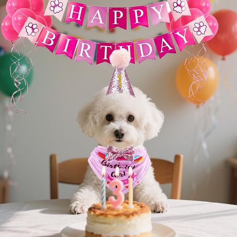 Dog Birthday Hat Bandana Set, Puppy Birthday Decorations with Flags, Bow Tie and Balloons Party Supplies for Small Medium Large Dogs Pets, Pink in Kuwait