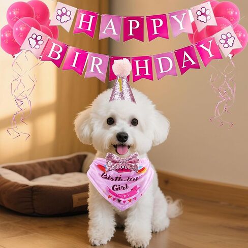 Dog Birthday Hat Bandana Set, Puppy Birthday Decorations with Flags, Bow Tie and Balloons Party Supplies for Small Medium Large Dogs Pets, Pink in Kuwait