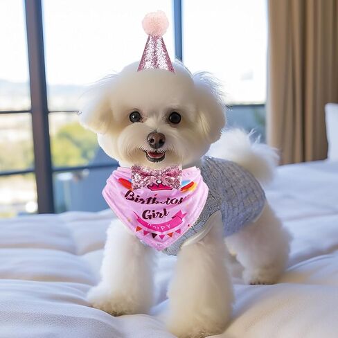 Dog Birthday Hat Bandana Set, Puppy Birthday Decorations with Flags, Bow Tie and Balloons Party Supplies for Small Medium Large Dogs Pets, Pink in Kuwait