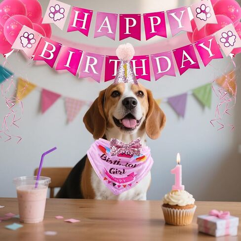 Dog Birthday Hat Bandana Set, Puppy Birthday Decorations with Flags, Bow Tie and Balloons Party Supplies for Small Medium Large Dogs Pets, Pink in Kuwait