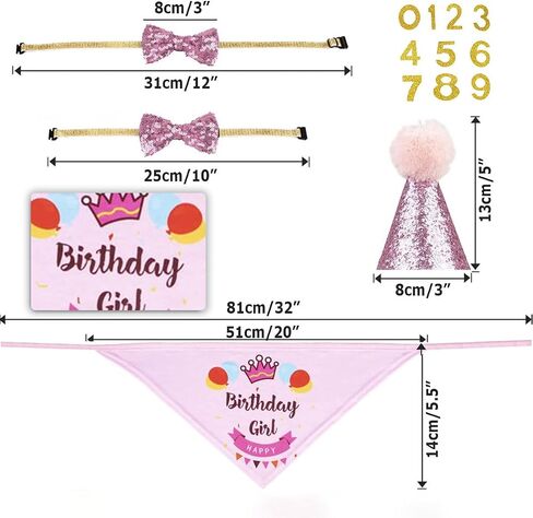 Dog Birthday Hat Bandana Set, Puppy Birthday Decorations with Flags, Bow Tie and Balloons Party Supplies for Small Medium Large Dogs Pets, Pink in Kuwait