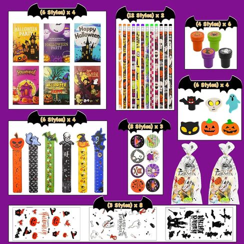 168 PCS Halloween Party Favors for Kids, 24 Pack Halloween Stationery Set for Halloween Party School Classroom Prizes Goodie Bags Stuffers Trick or Treats Gifts in Kuwait