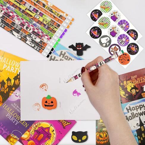 168 PCS Halloween Party Favors for Kids, 24 Pack Halloween Stationery Set for Halloween Party School Classroom Prizes Goodie Bags Stuffers Trick or Treats Gifts in Kuwait