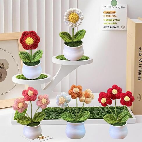 Knitted Flowers,Crochet Flower Bouquet,Cute Handmade Crocheted Flowers,Mini Potted Yarn Woven Puff Flowers,Small Chrysanthemums,Used for Home Office Desktops,Car Decorations,Etc in Kuwait