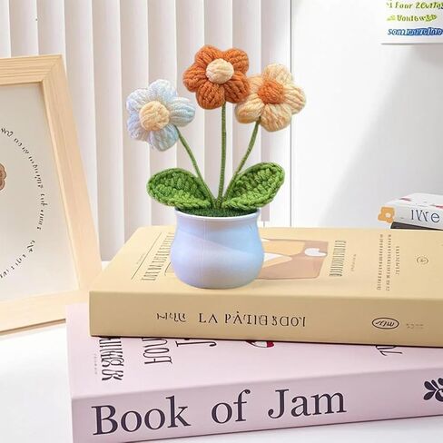 Knitted Flowers,Crochet Flower Bouquet,Cute Handmade Crocheted Flowers,Mini Potted Yarn Woven Puff Flowers,Small Chrysanthemums,Used for Home Office Desktops,Car Decorations,Etc in Kuwait