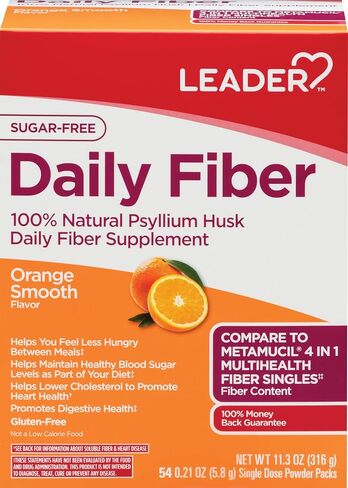 Leader Prebiotic Fiber Supplement Powder for Digestive Health, 100% Natural Daily Fiber Powder, Sugar-Free, Taste-Free, Unflavored, 62 Servings (8.7 OZ), Pack of 4 in Kuwait