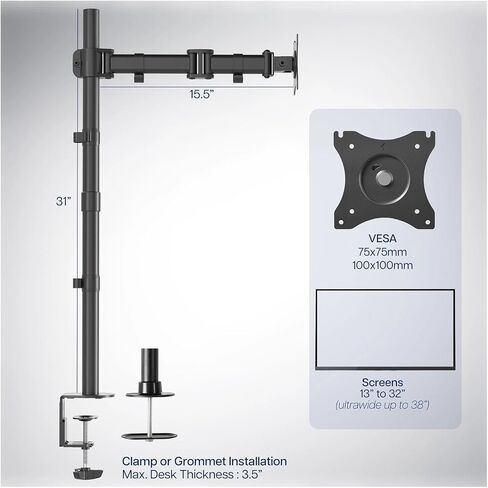Single Monitor Desk Mount Extra High Adjustable Stand for up to 32" Screens - in Saudi Arabia