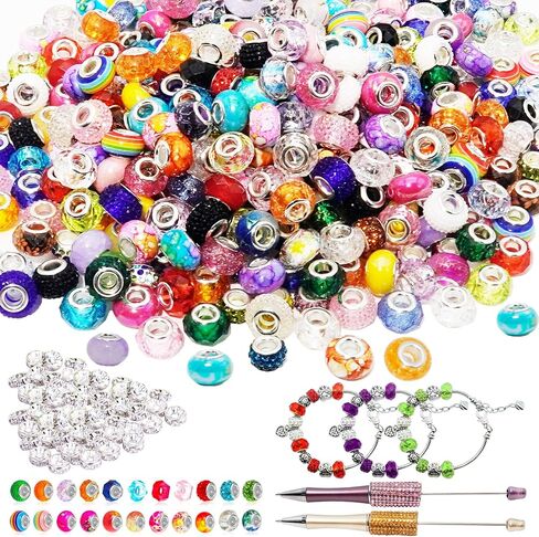 380Pcs European Rhinestone Beads & 200Pcs Lampwork Spacer Bead for Bracelets Necklace Jewelry Making,Large Hole Bulk Crystal Jewelry Bead for DIY Crafts,Assorted Large Hole European Beads for Pens in Saudi Arabia
