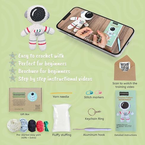 Astronaut Crochet Kit for Advanced or Intermediate Beginner, Amigurumi Crocheting Kit with Step by Step Video Tutorial, Advanced Crochet Kits for Adults, Adult Craft Kits, Extra%40 Yarn in Saudi Arabia