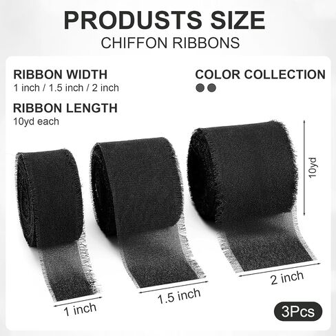 Chiffon Ribbon 1 Inch. 1.5inch, 2inch x 3 Rolls Total 30 Yards Handmade Fringe Chiffon Silk Ribbon for Wrapping Wedding Invitations Bridal Bouquets DIY Crafts Home Decor(Black) in Saudi Arabia
