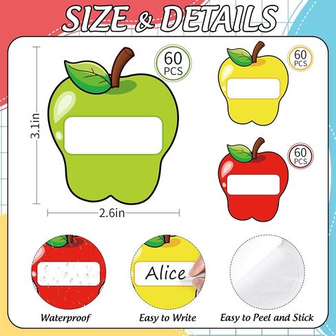 180 Pcs Back to School Name Tag Stickers Colored Apples Shape Nameplates Red Yellow Green Self-Adhesive Label Decals for Students Desk Classroom in Saudi Arabia