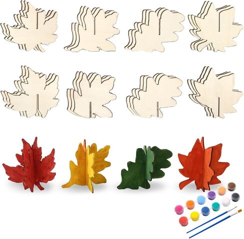 32 Pcs DIY 3D Fall Wood Crafts Autumn Maple Leaves Cutout with Pigment Palette Unfinished Wooden Slices for Thanksgiving Party Home Office Painting Decorations in Saudi Arabia