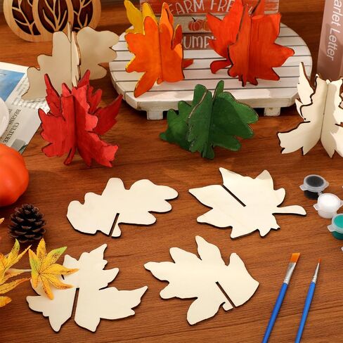 32 Pcs DIY 3D Fall Wood Crafts Autumn Maple Leaves Cutout with Pigment Palette Unfinished Wooden Slices for Thanksgiving Party Home Office Painting Decorations in Saudi Arabia