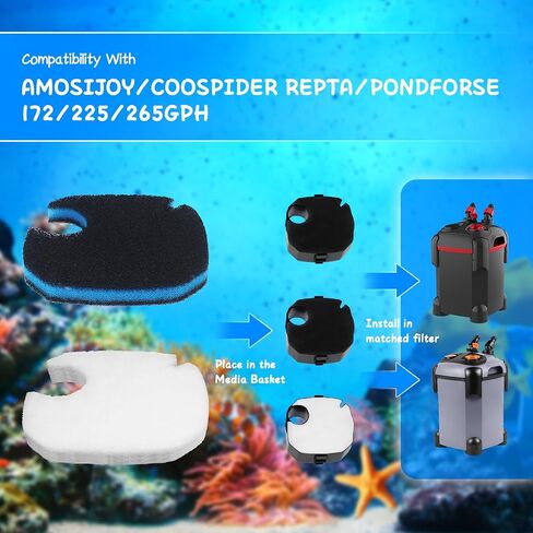 12 Pcs Replacement Canister Filter Pads Compatible with PONDFORSE 172/225/265GPH, Aquarium Filter Floss for AMOSIJOY Canister Filter(6 White Floss Pads & 6 Coarse Filter Pads with Actived Carbon) in Saudi Arabia