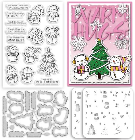 INFUNLY Snowman Clear Stamps and Dies Set Christmas Tree Painting Template for Card Making Christmas Words Silicone Stamp Layered Winter Snowman Die Cuts Draw Paint Stencil for DIY Scrapbooking Crafts in Saudi Arabia