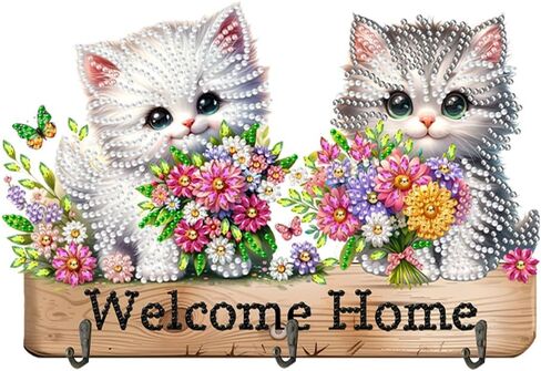 Diamond Art Kits for Adults, DIY Diamond Painting Key Holder for Wall with 3 Hooks for Hanging Keys, Sunglasses, Bag (Cats) in Kuwait