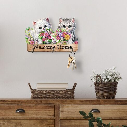 Diamond Art Kits for Adults, DIY Diamond Painting Key Holder for Wall with 3 Hooks for Hanging Keys, Sunglasses, Bag (Cats) in Kuwait