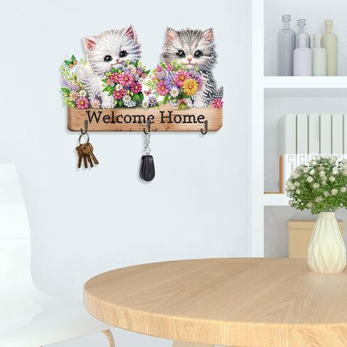 Diamond Art Kits for Adults, DIY Diamond Painting Key Holder for Wall with 3 Hooks for Hanging Keys, Sunglasses, Bag (Cats) in Kuwait
