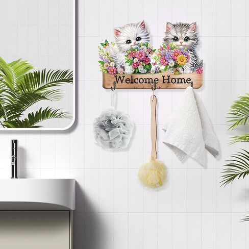Diamond Art Kits for Adults, DIY Diamond Painting Key Holder for Wall with 3 Hooks for Hanging Keys, Sunglasses, Bag (Cats) in Kuwait