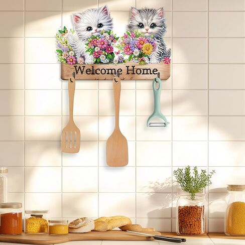 Diamond Art Kits for Adults, DIY Diamond Painting Key Holder for Wall with 3 Hooks for Hanging Keys, Sunglasses, Bag (Cats) in Kuwait