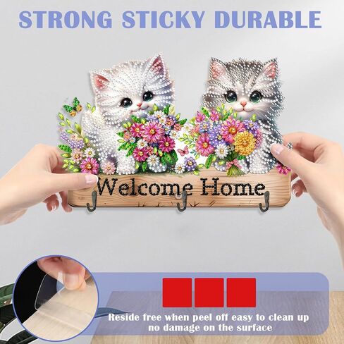 Diamond Art Kits for Adults, DIY Diamond Painting Key Holder for Wall with 3 Hooks for Hanging Keys, Sunglasses, Bag (Cats) in Kuwait