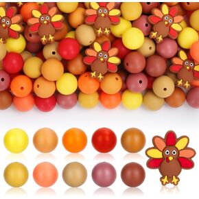 106Pcs Thanksgiving Turkey Silicone Focal Beads Fall Orange Yellow Brown Loose Rubber Bead Round Spacer Beads for Autumn DIY Crafts Jewelry Necklace in Saudi Arabia