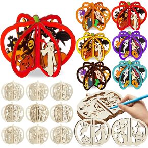 Yalikop 72 PCS Halloween Wooden Crafts Kits مجموعة 24 قرع DIY 3D شرائح خشبية غير مكتملة تلوين قطع خشبية فارغة للطلاء لديكور صينية الهالوين (4.72 × 4 بوصات ، قطة اليقطين الشبح) in Kuwait