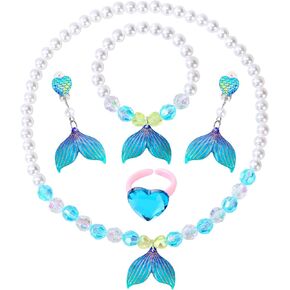 مجوهرات الأميرة للفتيات الصغيرات ، مجموعة مجوهرات ذات 5 قطع حورية البحر ، حلقات أساور قلادة تمتد ومقطع على الأقراط ، مثالية لللباس ، حفلات أعياد الميلاد ، تلعب الأزياء in Kuwait