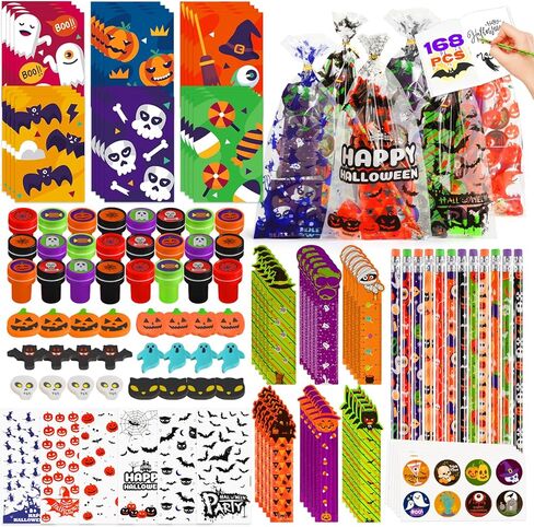 168pcs 24 pack مجموعة قرطاسية هالوين متنوعة ، خدعة أو علاج حقائب جيدة ، حشو دلو القرع ، هدايا الحفلات هدايا بما في ذلك أقلام الرصاص ، المفتحات ، الحكام ، الملصقات ، الطوابع ، المحو in Kuwait