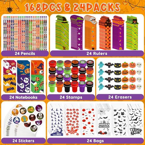 168pcs 24 pack مجموعة قرطاسية هالوين متنوعة ، خدعة أو علاج حقائب جيدة ، حشو دلو القرع ، هدايا الحفلات هدايا بما في ذلك أقلام الرصاص ، المفتحات ، الحكام ، الملصقات ، الطوابع ، المحو in Kuwait