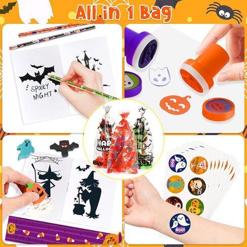 168pcs 24 pack مجموعة قرطاسية هالوين متنوعة ، خدعة أو علاج حقائب جيدة ، حشو دلو القرع ، هدايا الحفلات هدايا بما في ذلك أقلام الرصاص ، المفتحات ، الحكام ، الملصقات ، الطوابع ، المحو in Kuwait