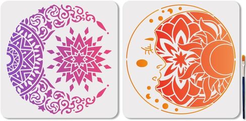 Mayjoydiy 2 PCS Mandala Sun and Moon Stencils قابلة لإعادة الاستخدام زهرة النجمة كوكب الستنسل للطلاء 11.8x11.8 بوصة قوالب الرسم مع فرشاة الطلاء للقميص بطاقات الجدار الخشبي المنزل الديكور المنزل in Saudi Arabia