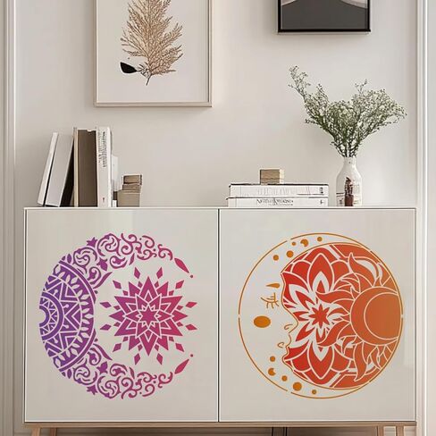 Mayjoydiy 2 PCS Mandala Sun and Moon Stencils قابلة لإعادة الاستخدام زهرة النجمة كوكب الستنسل للطلاء 11.8x11.8 بوصة قوالب الرسم مع فرشاة الطلاء للقميص بطاقات الجدار الخشبي المنزل الديكور المنزل in Saudi Arabia