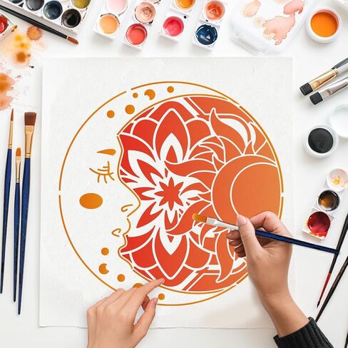 Mayjoydiy 2 PCS Mandala Sun and Moon Stencils قابلة لإعادة الاستخدام زهرة النجمة كوكب الستنسل للطلاء 11.8x11.8 بوصة قوالب الرسم مع فرشاة الطلاء للقميص بطاقات الجدار الخشبي المنزل الديكور المنزل in Saudi Arabia