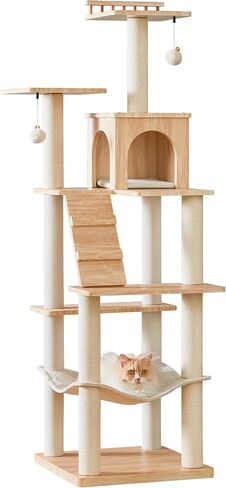 Modern Cat Tree - 64 inch Cat Tower for Indoor Cats, Multi-Level Cat Condo with 7 Fully Wrapped Scratching Posts, 2 Perches, Hammock, Removable Pad & Dangling Balls-Light Brown in Saudi Arabia