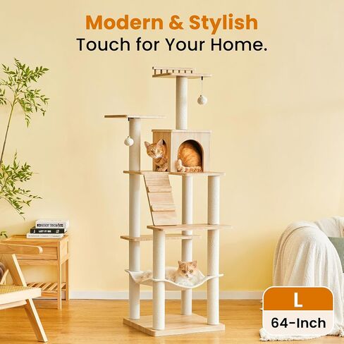 Modern Cat Tree - 64 inch Cat Tower for Indoor Cats, Multi-Level Cat Condo with 7 Fully Wrapped Scratching Posts, 2 Perches, Hammock, Removable Pad & Dangling Balls-Light Brown in Saudi Arabia