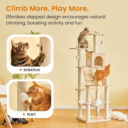Modern Cat Tree - 64 inch Cat Tower for Indoor Cats, Multi-Level Cat Condo with 7 Fully Wrapped Scratching Posts, 2 Perches, Hammock, Removable Pad & Dangling Balls-Light Brown in Saudi Arabia