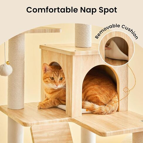 Modern Cat Tree - 64 inch Cat Tower for Indoor Cats, Multi-Level Cat Condo with 7 Fully Wrapped Scratching Posts, 2 Perches, Hammock, Removable Pad & Dangling Balls-Light Brown in Saudi Arabia