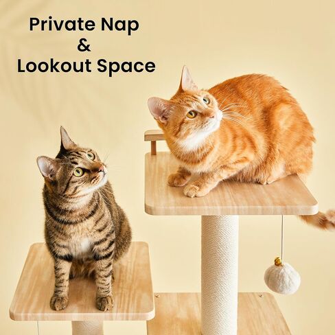 Modern Cat Tree - 64 inch Cat Tower for Indoor Cats, Multi-Level Cat Condo with 7 Fully Wrapped Scratching Posts, 2 Perches, Hammock, Removable Pad & Dangling Balls-Light Brown in Saudi Arabia