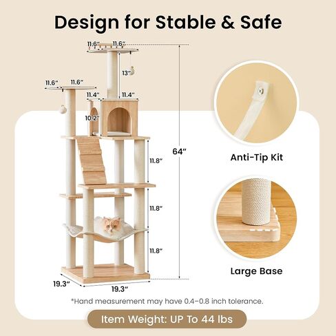 Modern Cat Tree - 64 inch Cat Tower for Indoor Cats, Multi-Level Cat Condo with 7 Fully Wrapped Scratching Posts, 2 Perches, Hammock, Removable Pad & Dangling Balls-Light Brown in Saudi Arabia